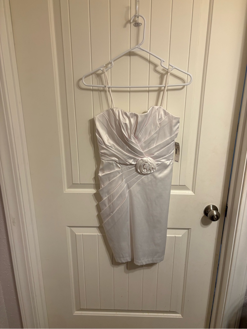 Bisou Bisou White Satin Spaghetti-Strap Sheath Dress with Rosette